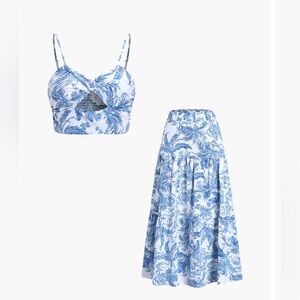 Floral Blue crop top and Skirt Set- Size Small, NWT